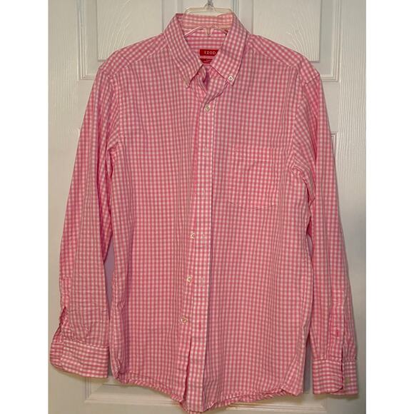 Izod men’s button down with pink and white gingham pattern long sleeve size M - Picture 1 of 2